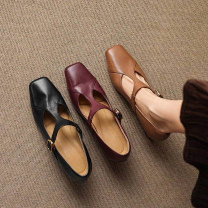 Ines Square-Toe Leather Mary-Jane Heels