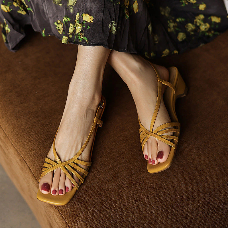 Rania Square-Toe Leather Sandal Heels