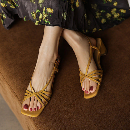 Rania Square-Toe Leather Sandal Heels