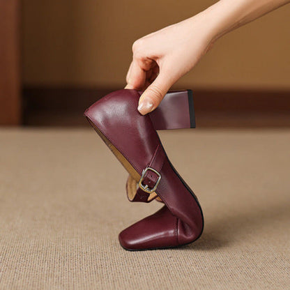 Ines Square-Toe Leather Mary-Jane Heels