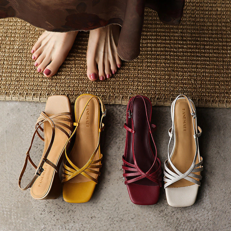 Rania Square-Toe Leather Sandal Heels