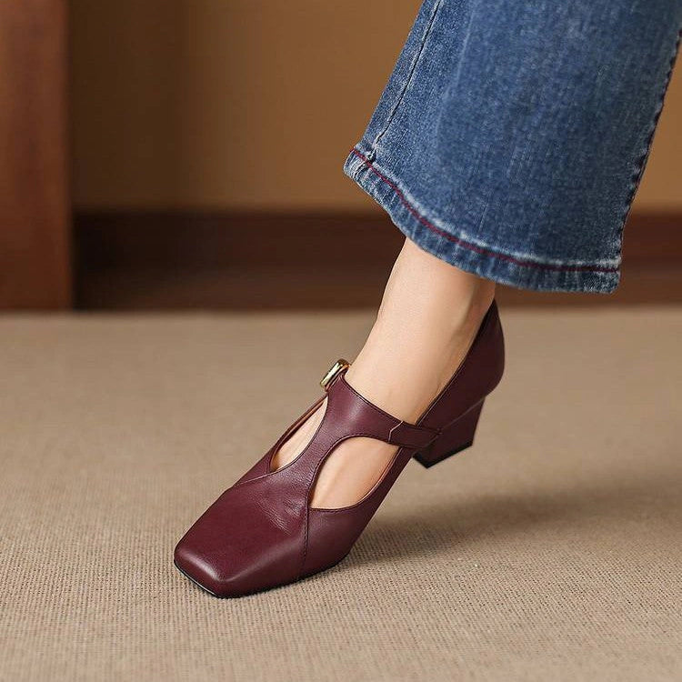 Ines Square-Toe Leather Mary-Jane Heels