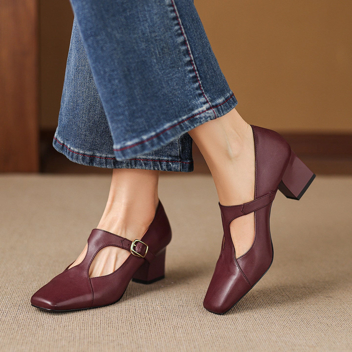 Ines Square-Toe Leather Mary-Jane Heels