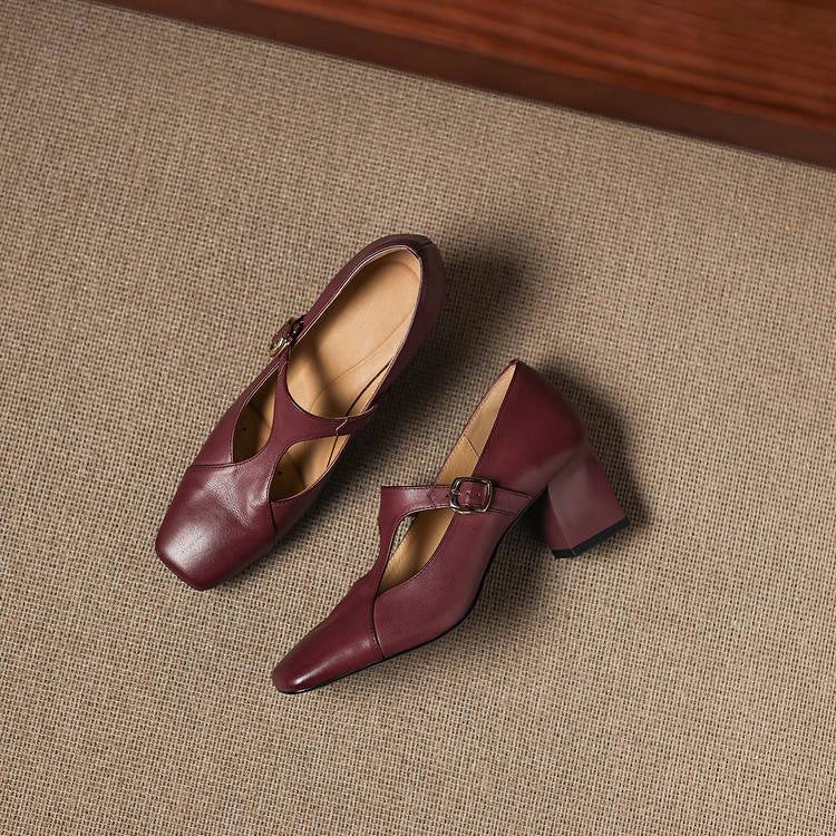 Ines Square-Toe Leather Mary-Jane Heels