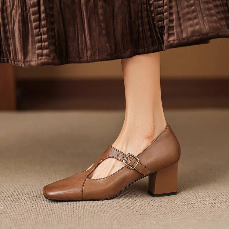 Ines Square-Toe Leather Mary-Jane Heels