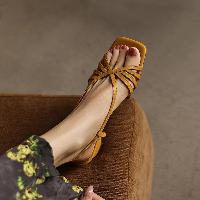 Rania Square-Toe Leather Sandal Heels