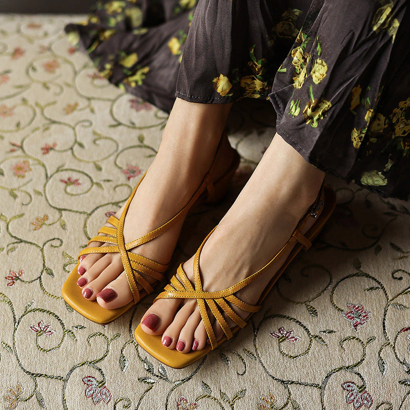 Rania Square-Toe Leather Sandal Heels