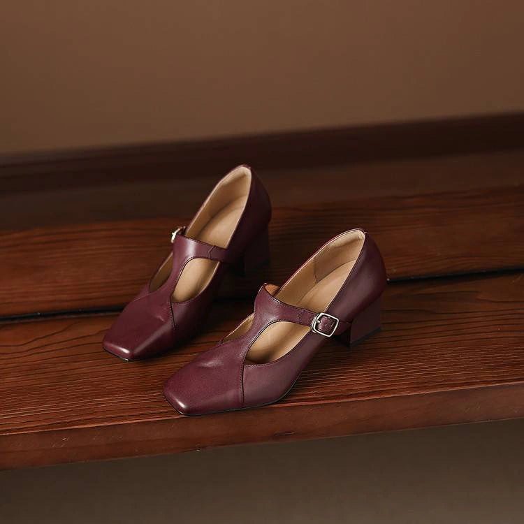 Ines Square-Toe Leather Mary-Jane Heels