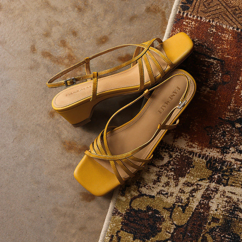 Rania Square-Toe Leather Sandal Heels
