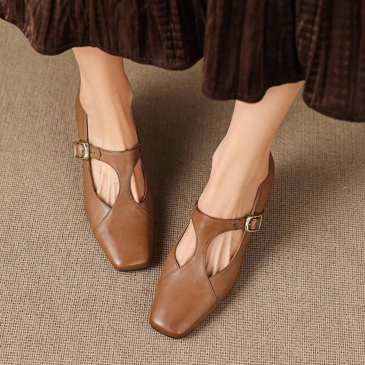 Ines Square-Toe Leather Mary-Jane Heels