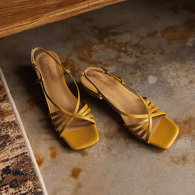 Rania Square-Toe Leather Sandal Heels