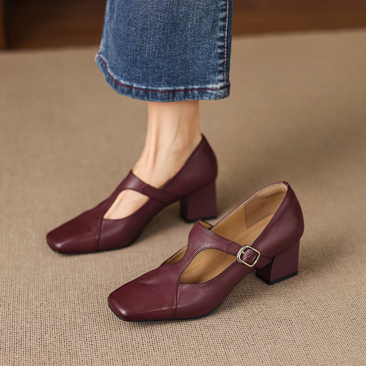 Ines Square-Toe Leather Mary-Jane Heels