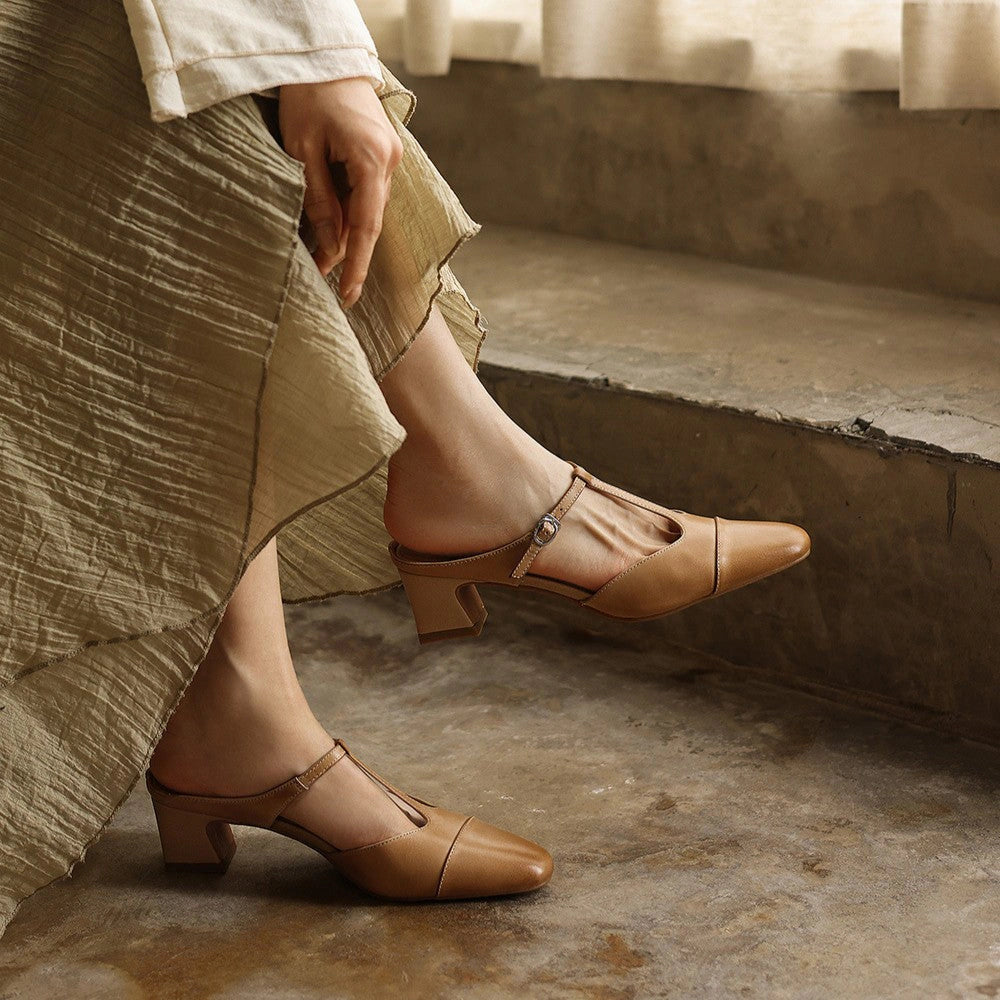 Rhea T-Bar Leather Mules