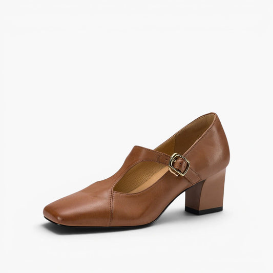 Ines Square-Toe Leather Mary-Jane Heels